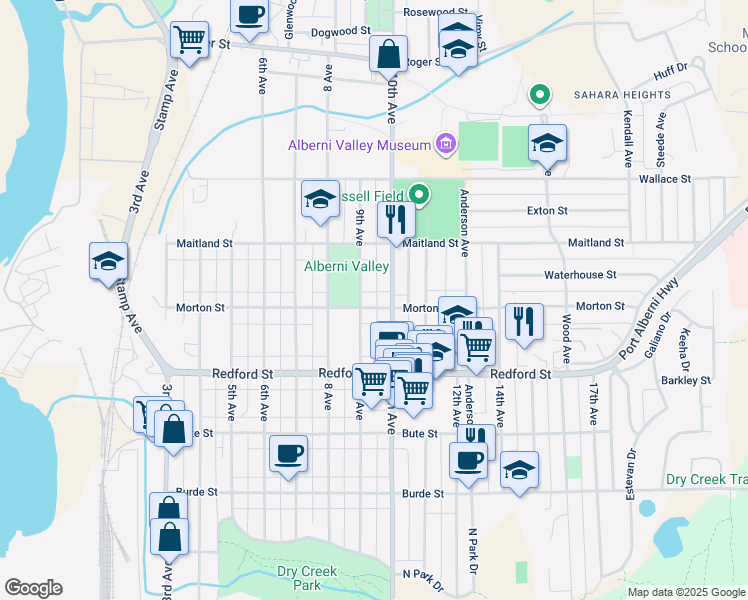 map of restaurants, bars, coffee shops, grocery stores, and more near 4361 Morton Street in Port Alberni