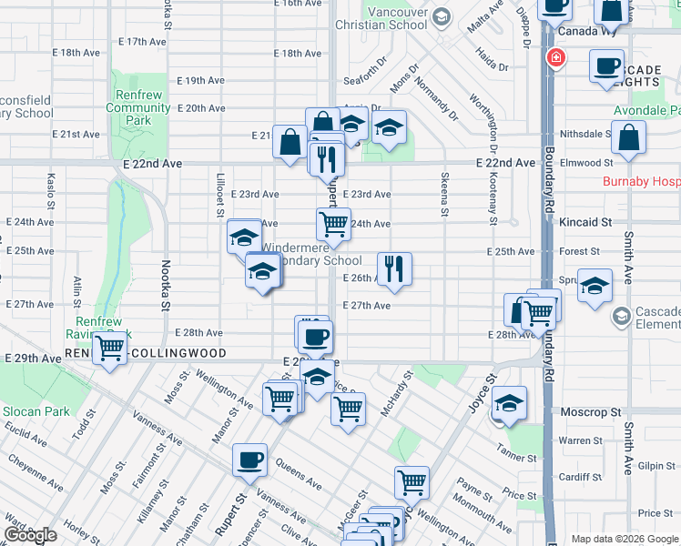 map of restaurants, bars, coffee shops, grocery stores, and more near 3305 East 26th Avenue in Vancouver