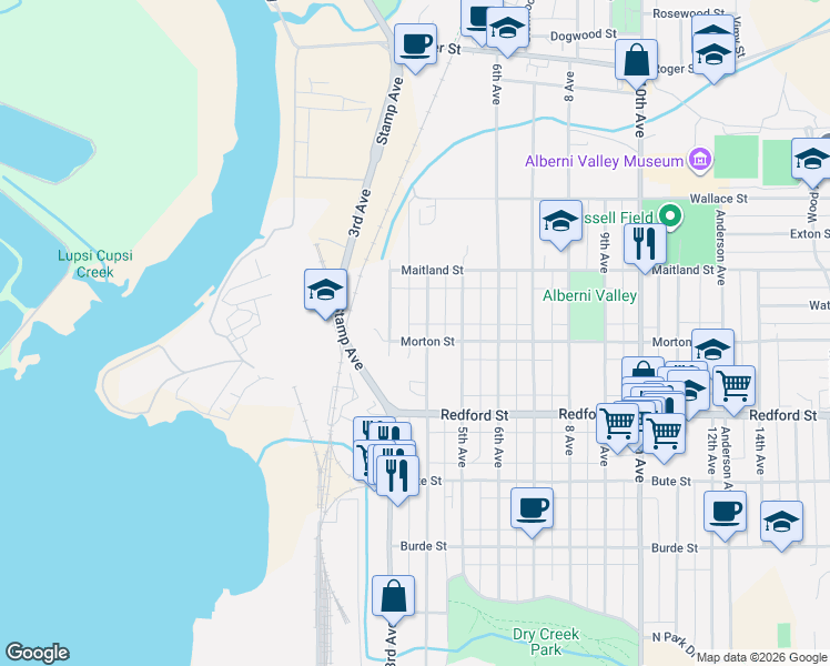 map of restaurants, bars, coffee shops, grocery stores, and more near 3884 4th Avenue North in Port Alberni