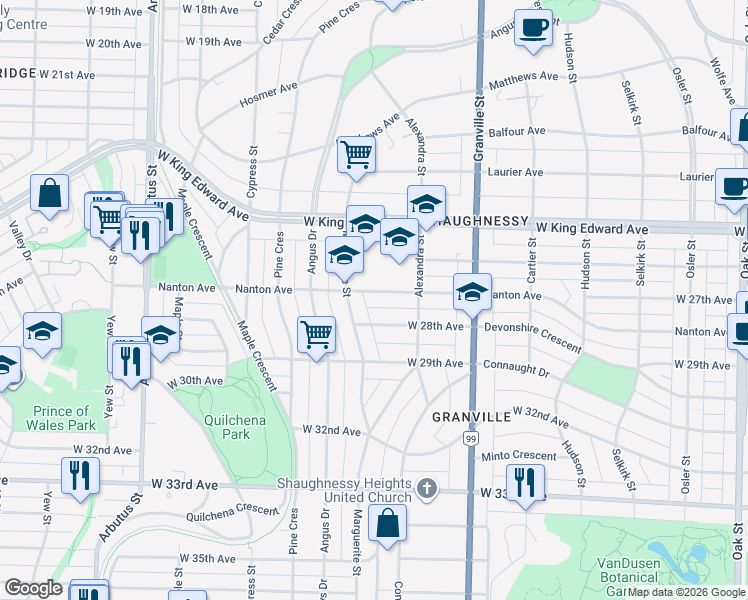 map of restaurants, bars, coffee shops, grocery stores, and more near 1668 Nanton Avenue in Vancouver