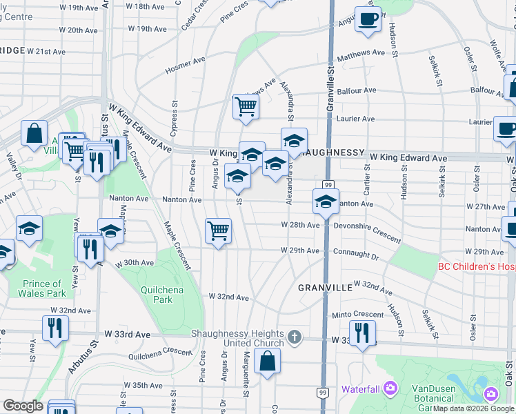 map of restaurants, bars, coffee shops, grocery stores, and more near in Vancouver