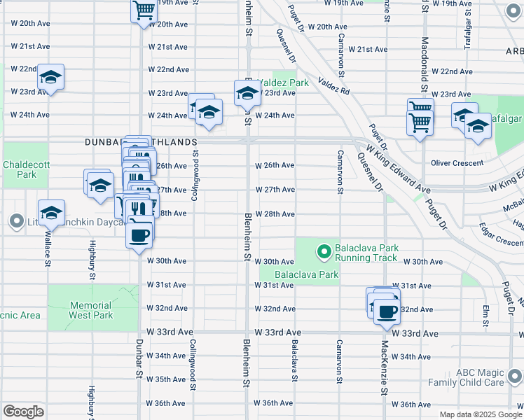 map of restaurants, bars, coffee shops, grocery stores, and more near 3289 West 28th Avenue in Vancouver