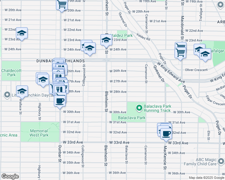 map of restaurants, bars, coffee shops, grocery stores, and more near 3289 West 28th Avenue in Vancouver