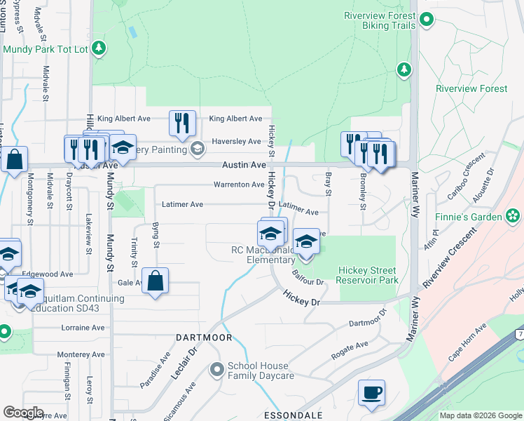 map of restaurants, bars, coffee shops, grocery stores, and more near 2488 Latimer Avenue in Coquitlam