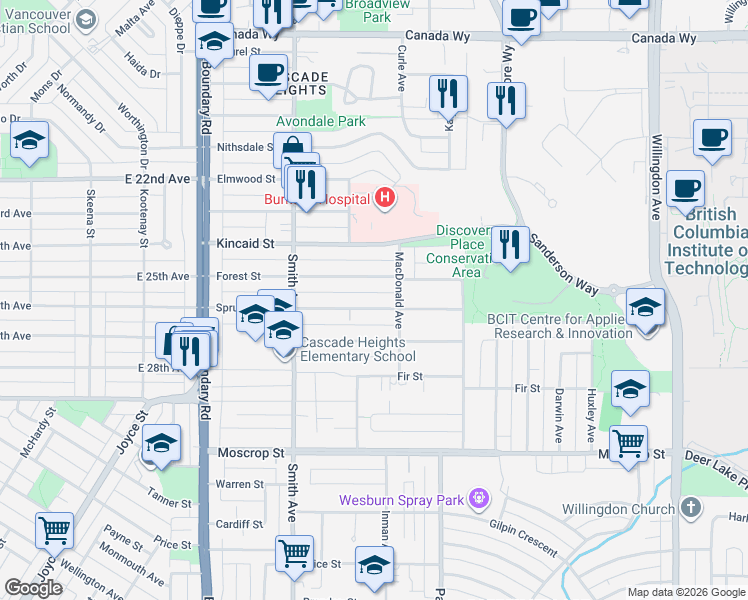 map of restaurants, bars, coffee shops, grocery stores, and more near 3957 Spruce Street in Burnaby