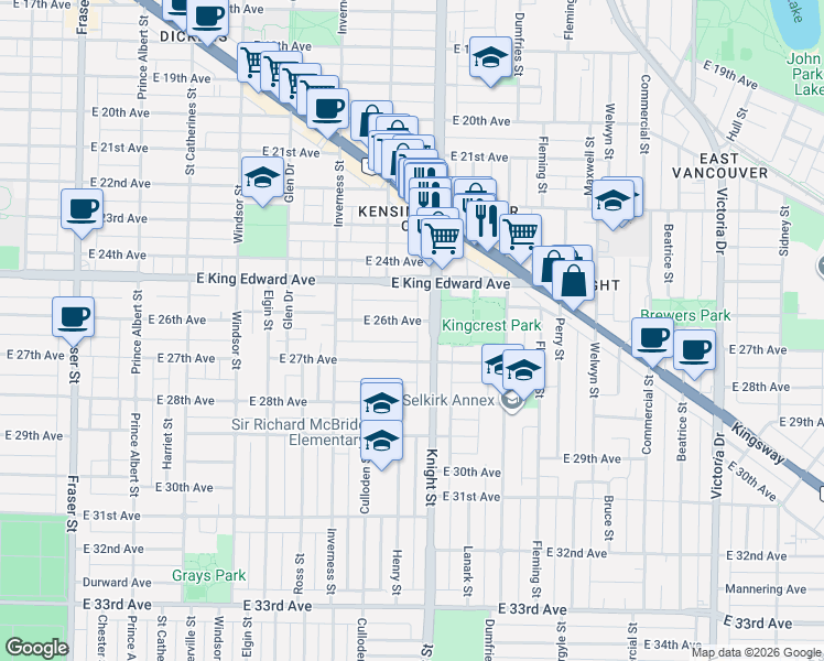 map of restaurants, bars, coffee shops, grocery stores, and more near 1368 East 26th Avenue in Vancouver