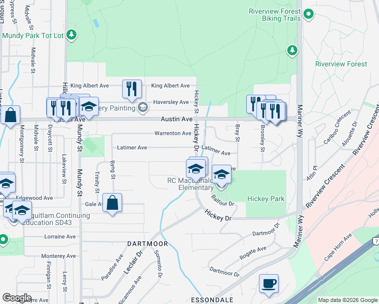 map of restaurants, bars, coffee shops, grocery stores, and more near 2498 Warrenton Avenue in Coquitlam