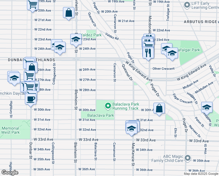 map of restaurants, bars, coffee shops, grocery stores, and more near 3039 West 28th Avenue in Vancouver