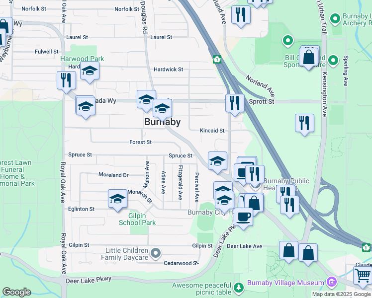 map of restaurants, bars, coffee shops, grocery stores, and more near 5785 Forest Street in Burnaby