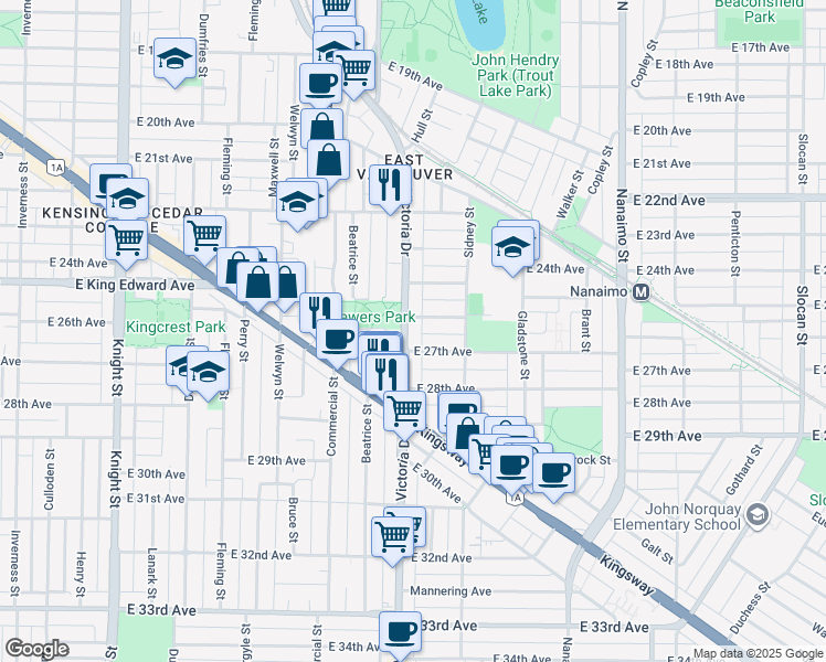 map of restaurants, bars, coffee shops, grocery stores, and more near 4246 Victoria Drive in Vancouver