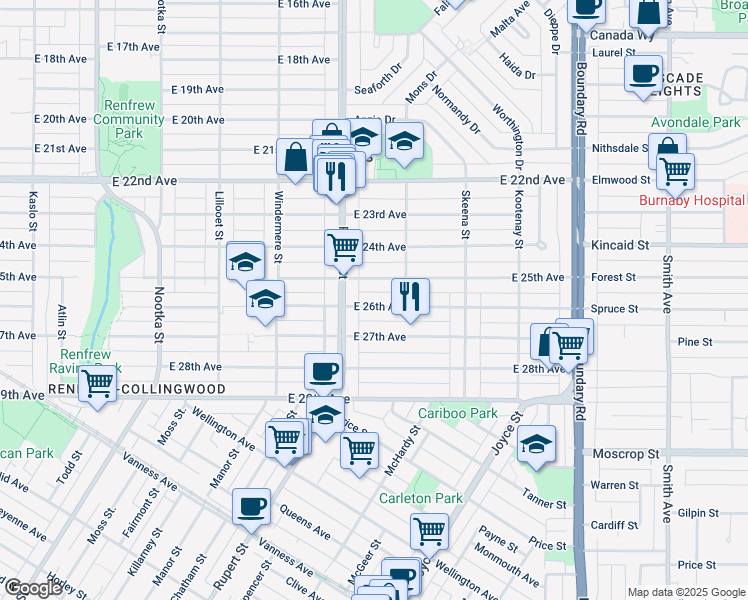 map of restaurants, bars, coffee shops, grocery stores, and more near 3339 East 26th Avenue in Vancouver