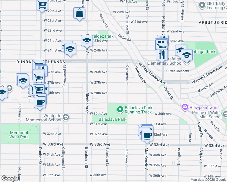 map of restaurants, bars, coffee shops, grocery stores, and more near 3137 West 28th Avenue in Vancouver
