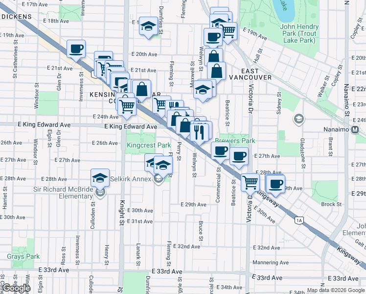map of restaurants, bars, coffee shops, grocery stores, and more near 4212 Perry Street in Vancouver