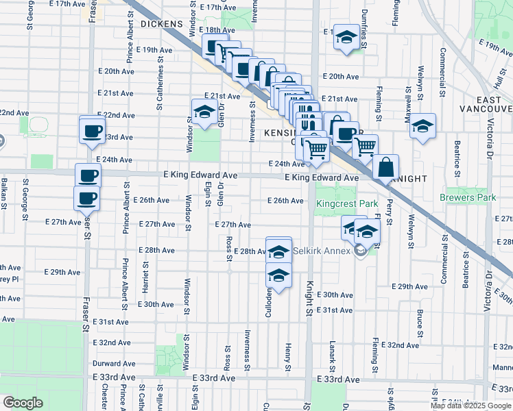 map of restaurants, bars, coffee shops, grocery stores, and more near 4216 Inverness Street in Vancouver