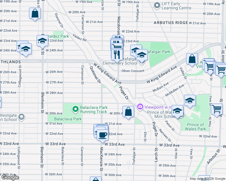 map of restaurants, bars, coffee shops, grocery stores, and more near 4384 Quesnel Drive in Vancouver
