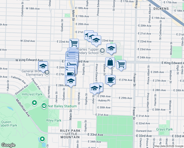 map of restaurants, bars, coffee shops, grocery stores, and more near 4161 John Street in Vancouver