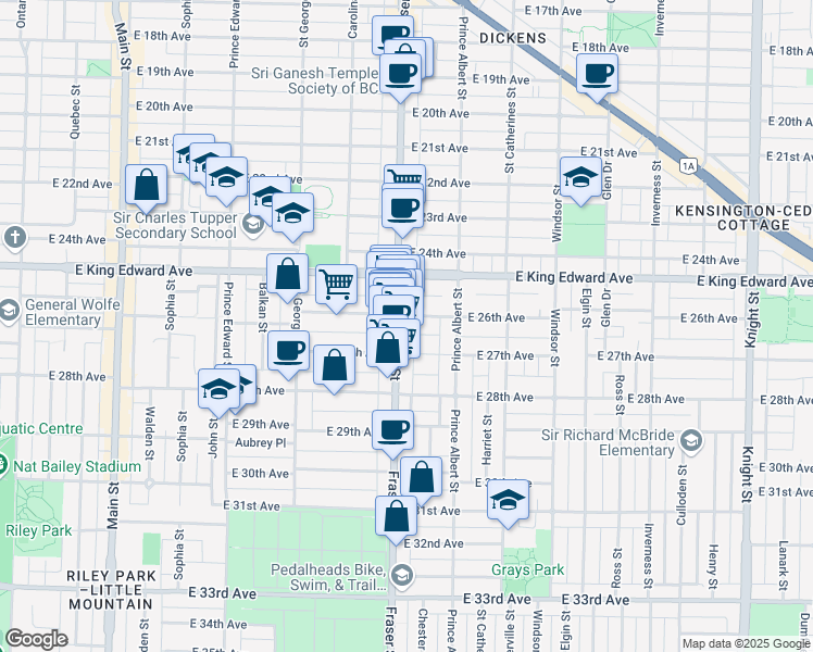map of restaurants, bars, coffee shops, grocery stores, and more near in Vancouver