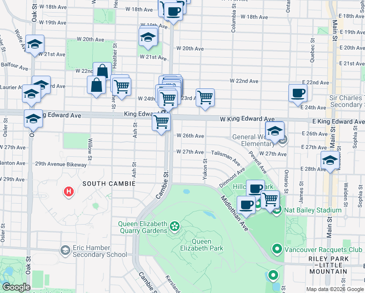 map of restaurants, bars, coffee shops, grocery stores, and more near in Vancouver