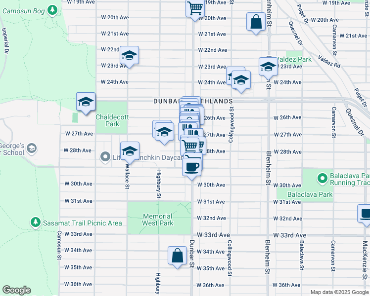 map of restaurants, bars, coffee shops, grocery stores, and more near 3641 West 28th Avenue in Vancouver