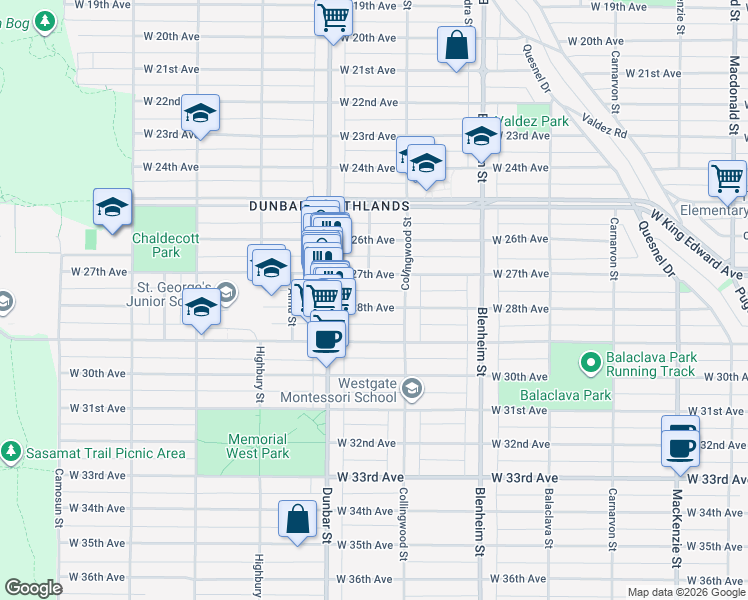 map of restaurants, bars, coffee shops, grocery stores, and more near 3541 West 28th Avenue in Vancouver