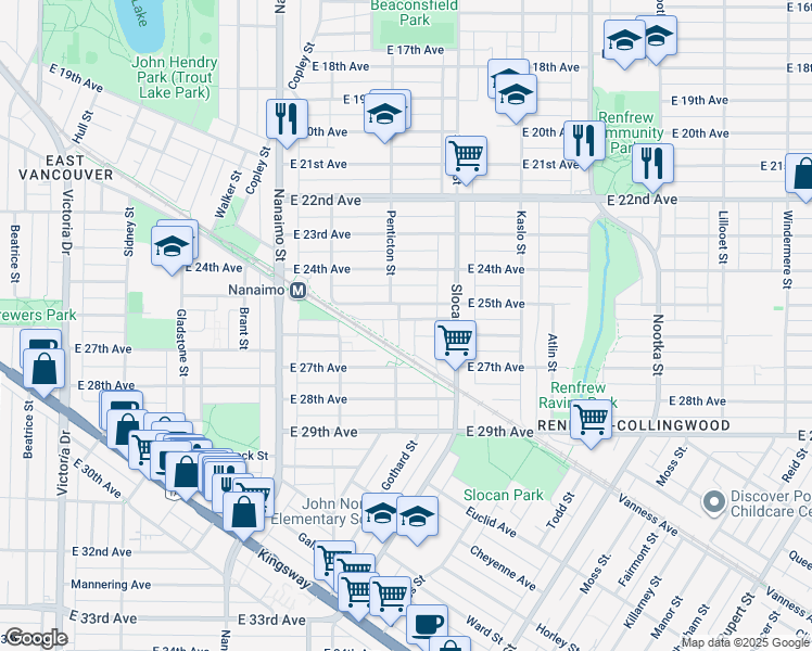 map of restaurants, bars, coffee shops, grocery stores, and more near 4110 Penticton Street in Vancouver