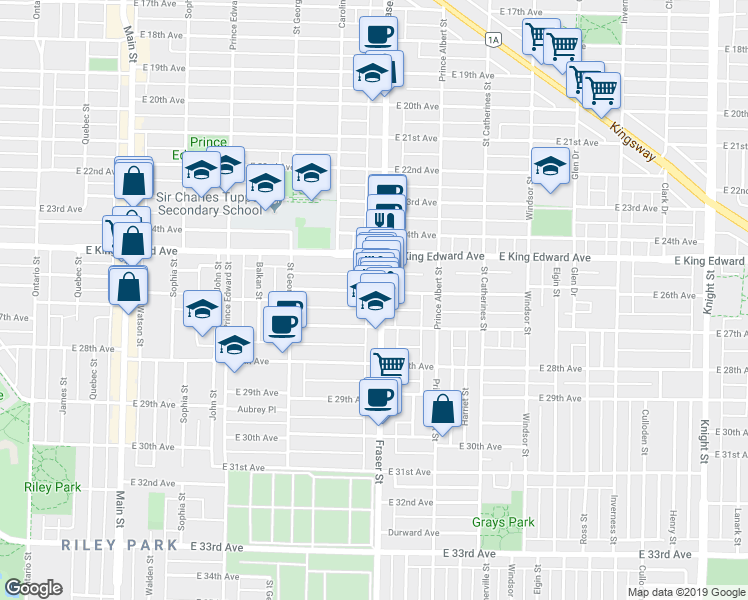 map of restaurants, bars, coffee shops, grocery stores, and more near 4221 Fraser Street in Vancouver