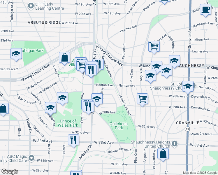map of restaurants, bars, coffee shops, grocery stores, and more near 2032 Nanton Avenue in Vancouver