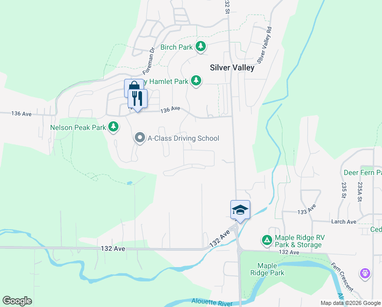 map of restaurants, bars, coffee shops, grocery stores, and more near 23060 136 Avenue in Maple Ridge
