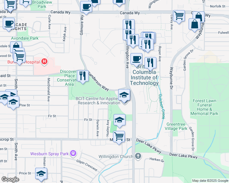 map of restaurants, bars, coffee shops, grocery stores, and more near 4285 Mathissi Place in Burnaby