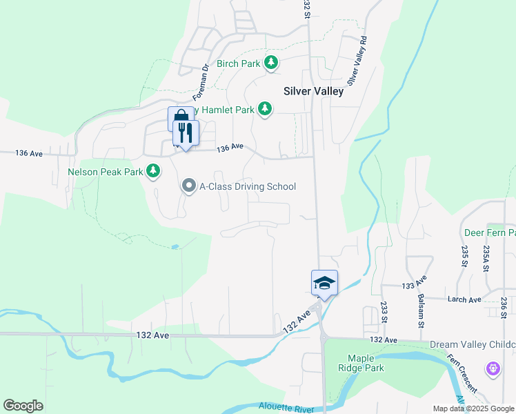 map of restaurants, bars, coffee shops, grocery stores, and more near 23066 135 Avenue in Maple Ridge