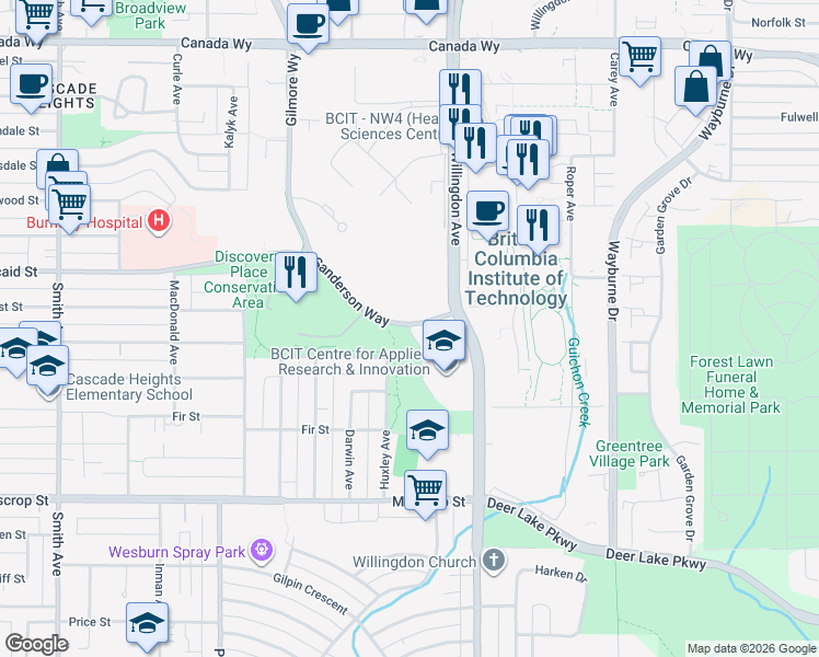 map of restaurants, bars, coffee shops, grocery stores, and more near 4285 Mathissi Place in Burnaby
