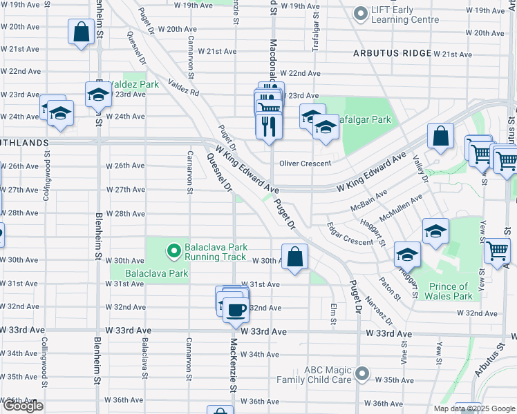 map of restaurants, bars, coffee shops, grocery stores, and more near 4376 Quesnel Drive in Vancouver