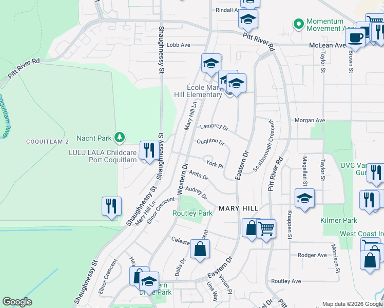 map of restaurants, bars, coffee shops, grocery stores, and more near 1710 Western Drive in Port Coquitlam