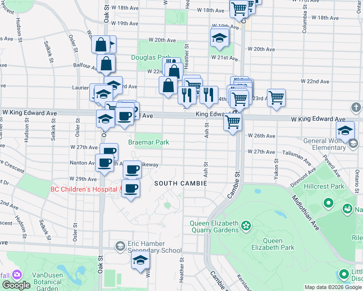 map of restaurants, bars, coffee shops, grocery stores, and more near 4271 Heather Street in Vancouver