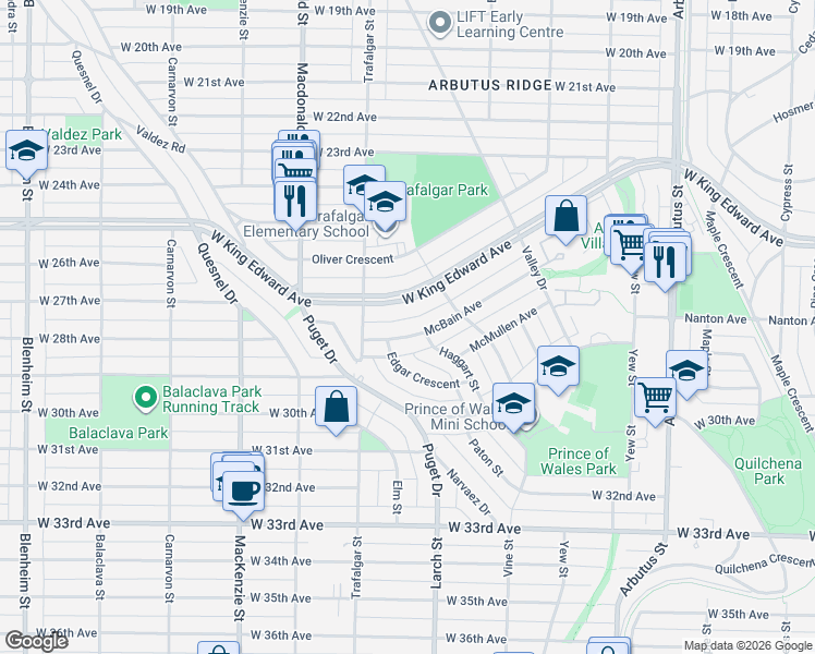 map of restaurants, bars, coffee shops, grocery stores, and more near in Vancouver