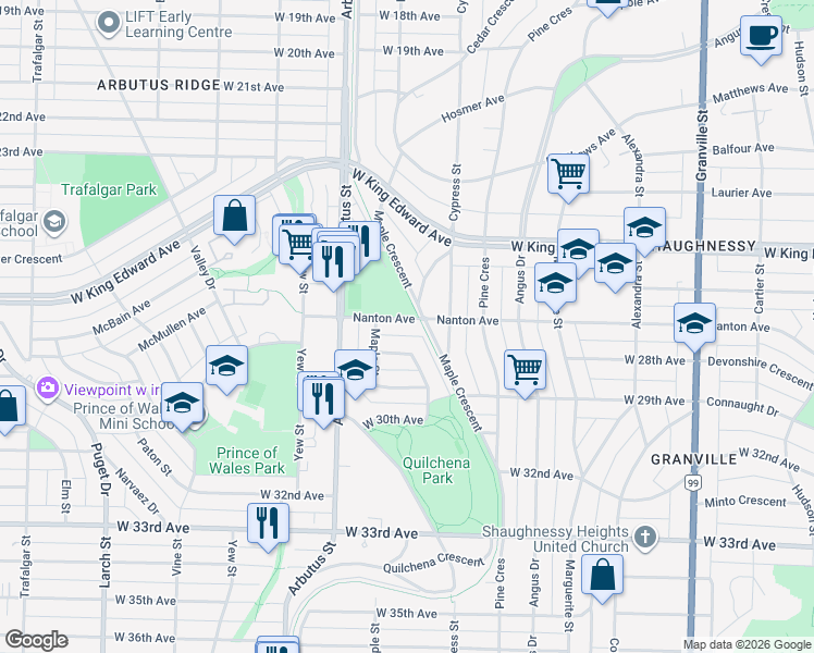 map of restaurants, bars, coffee shops, grocery stores, and more near 2020 Nanton Avenue in Vancouver