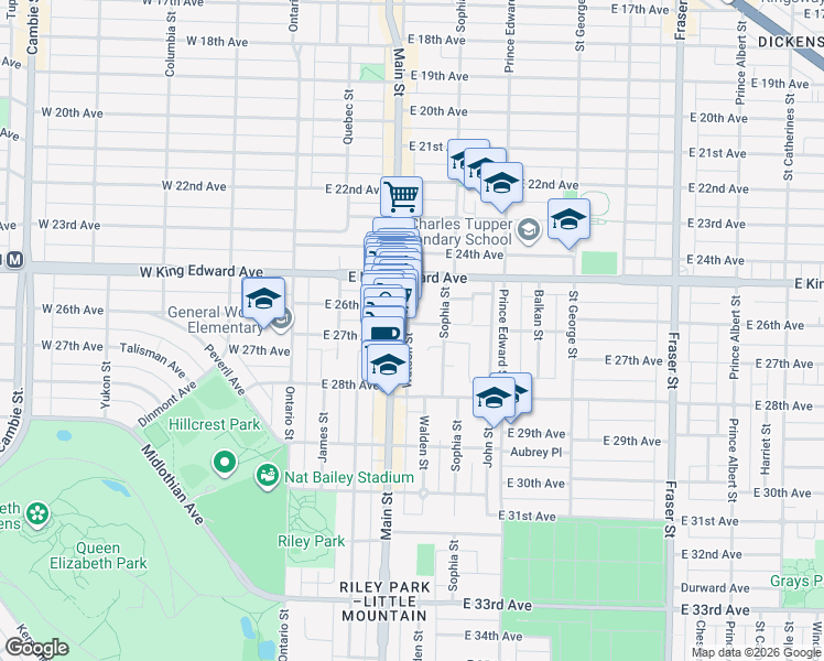 map of restaurants, bars, coffee shops, grocery stores, and more near 228 East 26th Avenue in Vancouver