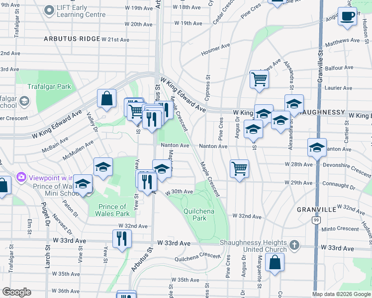 map of restaurants, bars, coffee shops, grocery stores, and more near 2022 Nanton Avenue in Vancouver