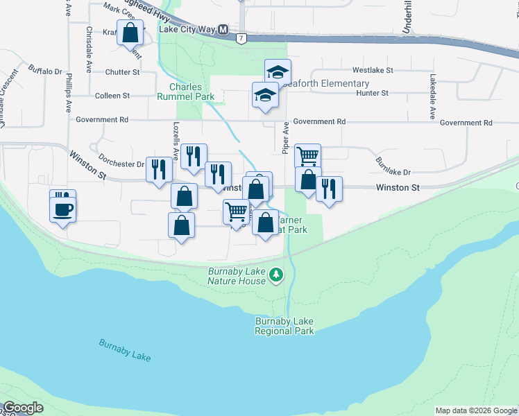 map of restaurants, bars, coffee shops, grocery stores, and more near 4060 McConnell Drive in Burnaby