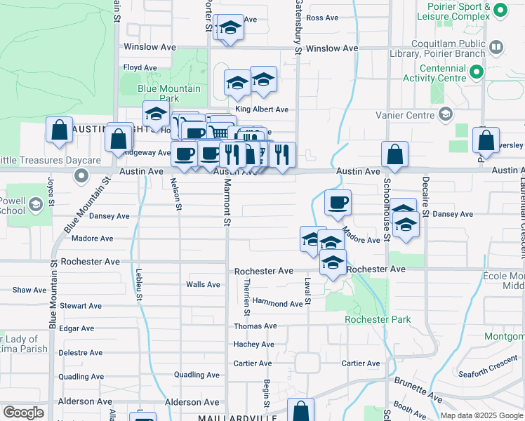 map of restaurants, bars, coffee shops, grocery stores, and more near 1137 Dansey Avenue in Coquitlam