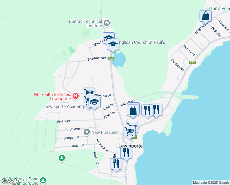 map of restaurants, bars, coffee shops, grocery stores, and more near 46 Premier Drive in Lewisporte