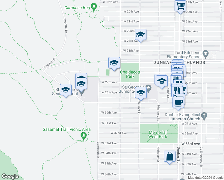 map of restaurants, bars, coffee shops, grocery stores, and more near 4035 West 28th Avenue in Vancouver