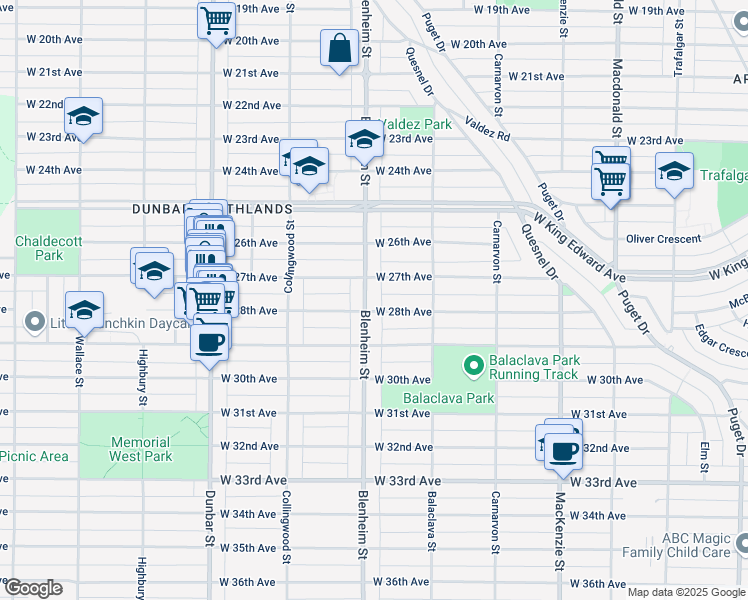 map of restaurants, bars, coffee shops, grocery stores, and more near 4368 Blenheim Street in Vancouver