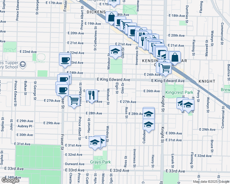 map of restaurants, bars, coffee shops, grocery stores, and more near 4221 Elgin Street in Vancouver