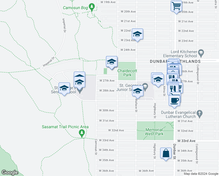 map of restaurants, bars, coffee shops, grocery stores, and more near 4035 West 28th Avenue in Vancouver