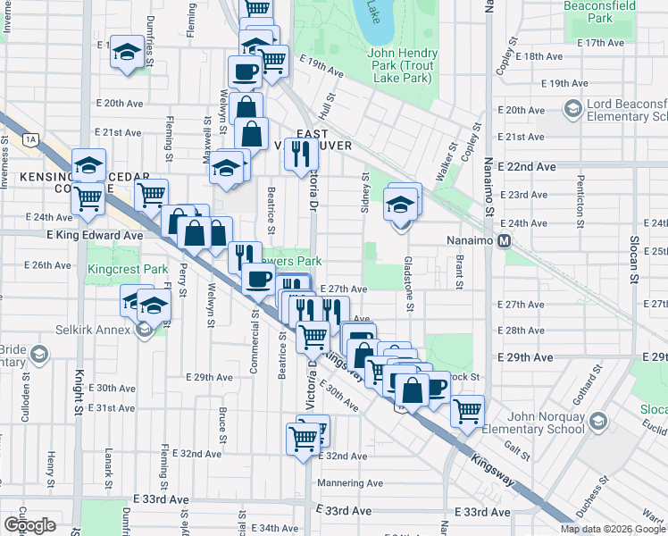 map of restaurants, bars, coffee shops, grocery stores, and more near 2038 East 26th Avenue in Vancouver