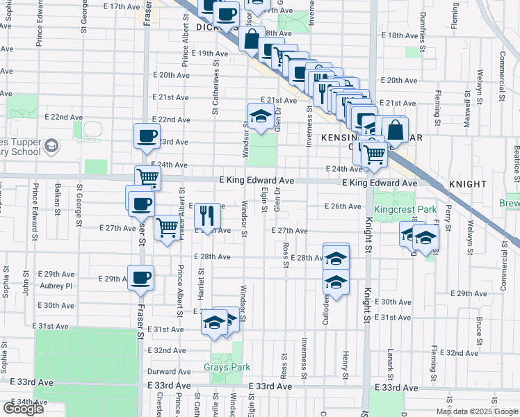 map of restaurants, bars, coffee shops, grocery stores, and more near 4221 Elgin Street in Vancouver