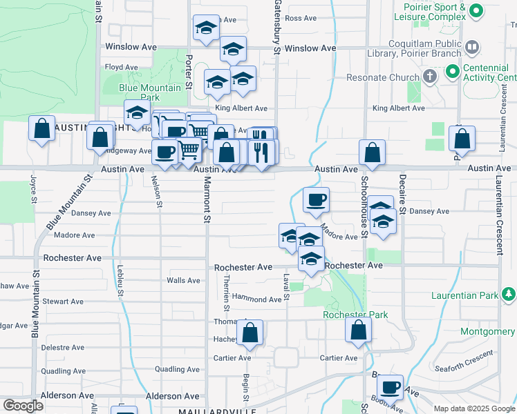 map of restaurants, bars, coffee shops, grocery stores, and more near 1149 Dansey Avenue in Coquitlam