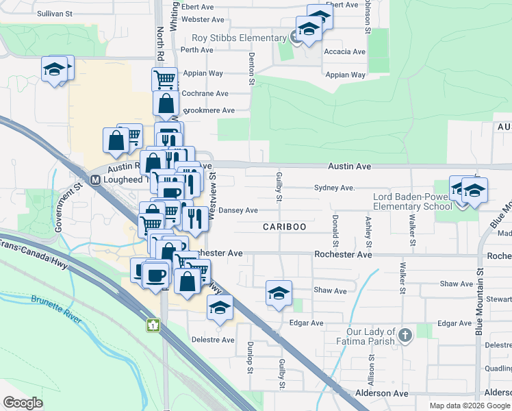 map of restaurants, bars, coffee shops, grocery stores, and more near 599 Dansey Avenue in Coquitlam