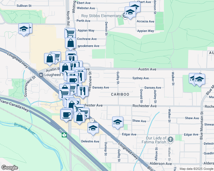 map of restaurants, bars, coffee shops, grocery stores, and more near 599 Dansey Avenue in Coquitlam